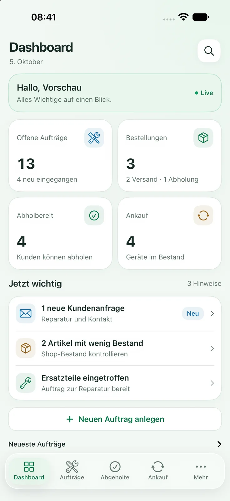 Just Smartphones Admin-App: iPhone-Dashboard mit Beispieldaten