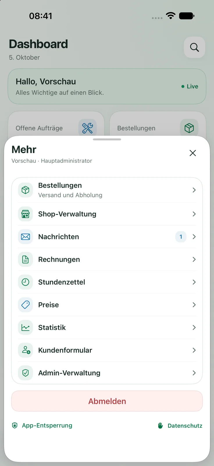 Just Smartphones Admin-App: Verwaltungsbereiche auf dem iPhone mit Beispieldaten