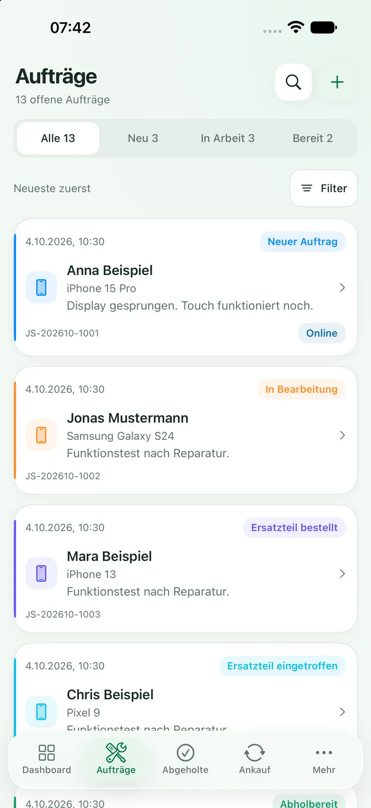 Just Smartphones Admin-App: Reparaturaufträge auf dem iPhone mit Beispieldaten