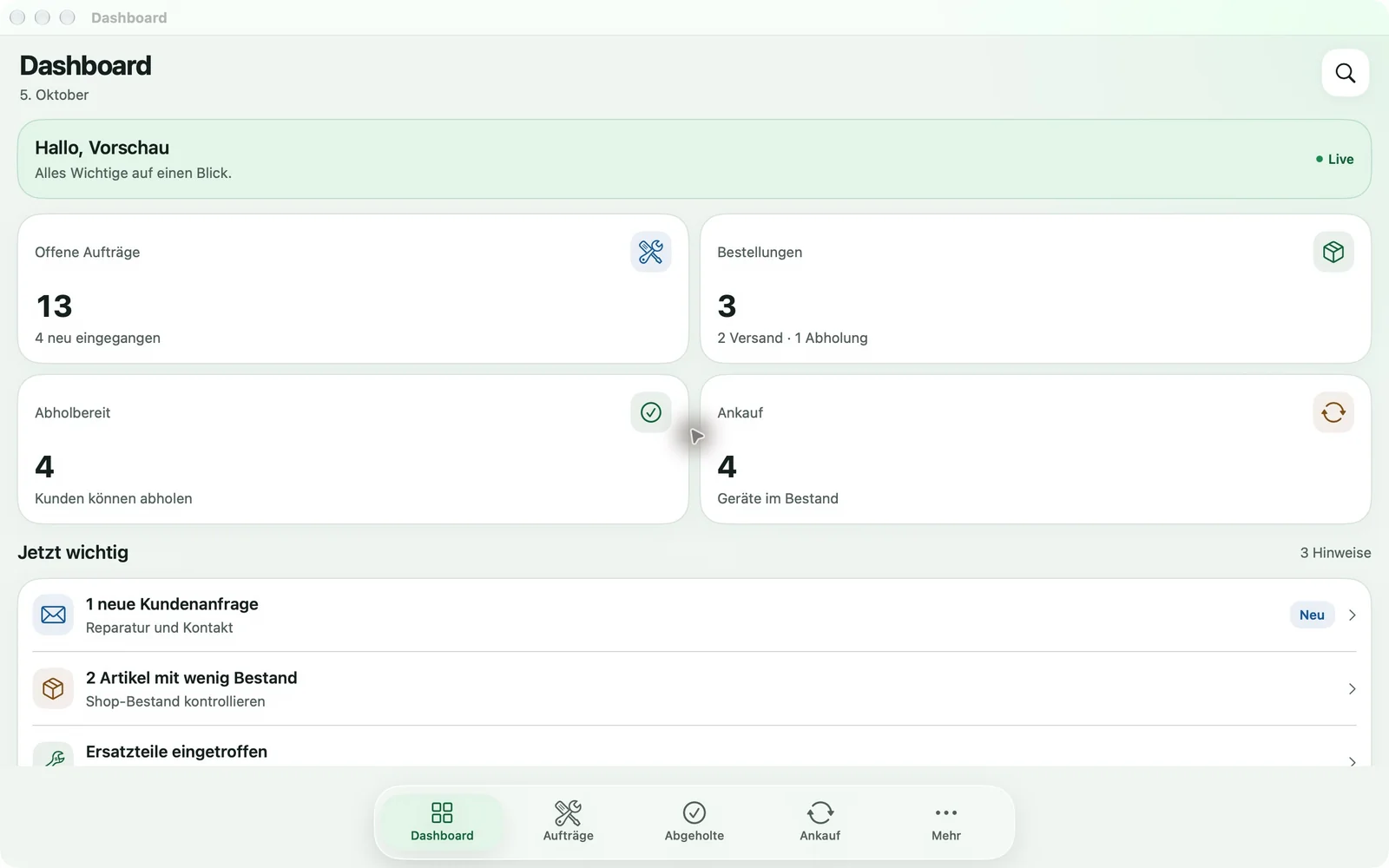 Just Smartphones Admin-App: entwickeltes Mac-Dashboard mit Beispieldaten, bald verfügbar