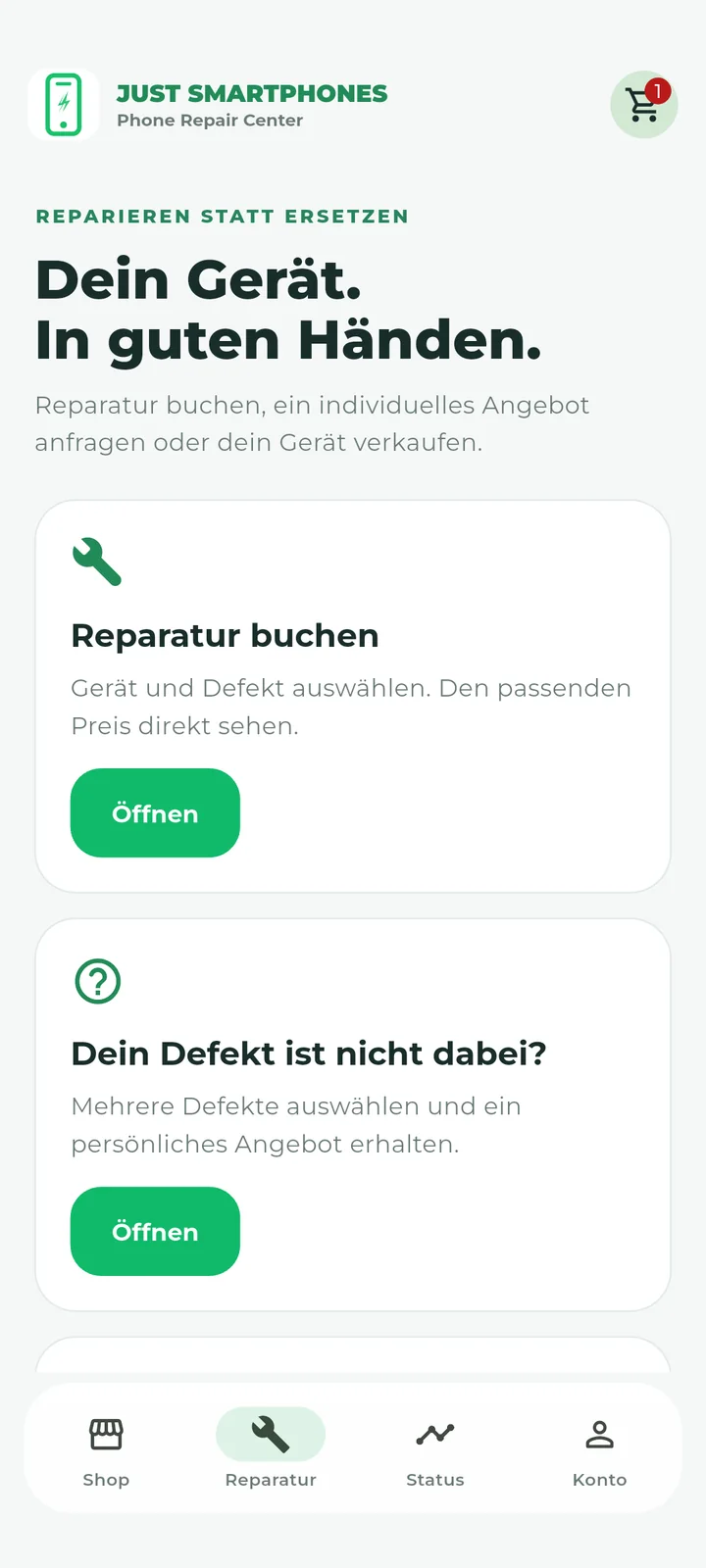 Just Smartphones Kunden-App: Reparaturservice und individuelle Anfragen auf Android