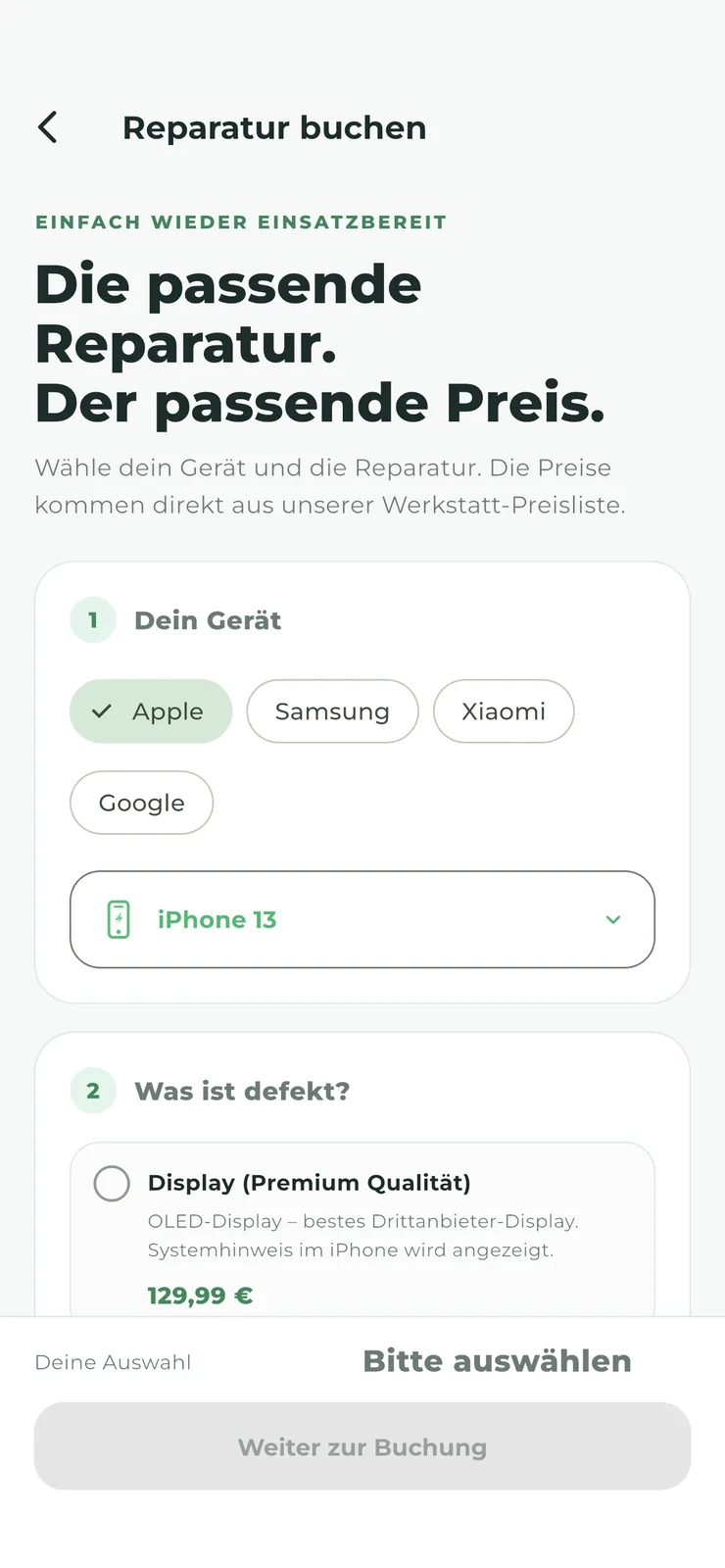 Just Smartphones Kunden-App: Geräte- und Reparaturauswahl auf dem iPhone