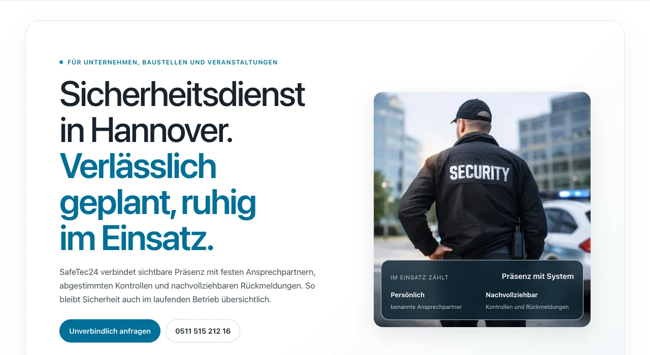 Website von SafeTec24 mit Leistungsübersicht für Sicherheitsdienste