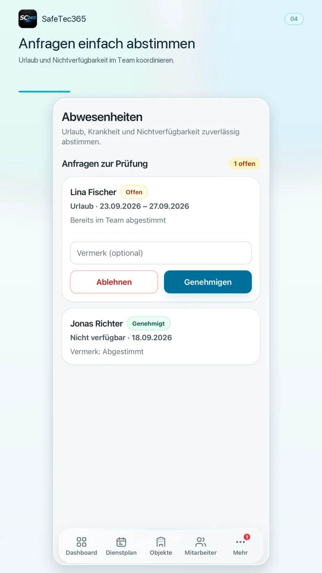 Aktuelle Abwesenheitsverwaltung der SafeTec365 App auf Android