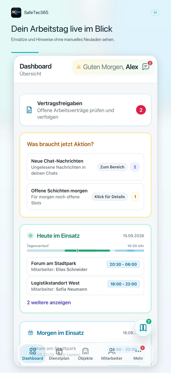 Aktuelles SafeTec365 Dashboard für das SafeTec24 Mitarbeiter- und Einsatzportal