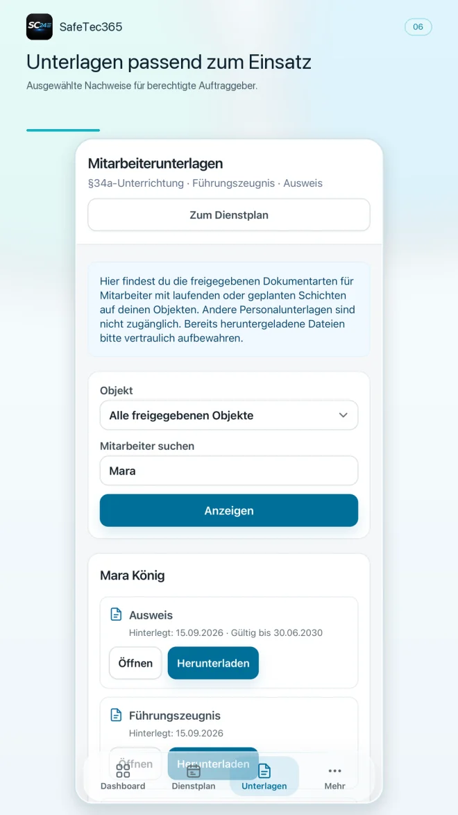 Aktuelle Unterlagenverwaltung der SafeTec365 App auf Android