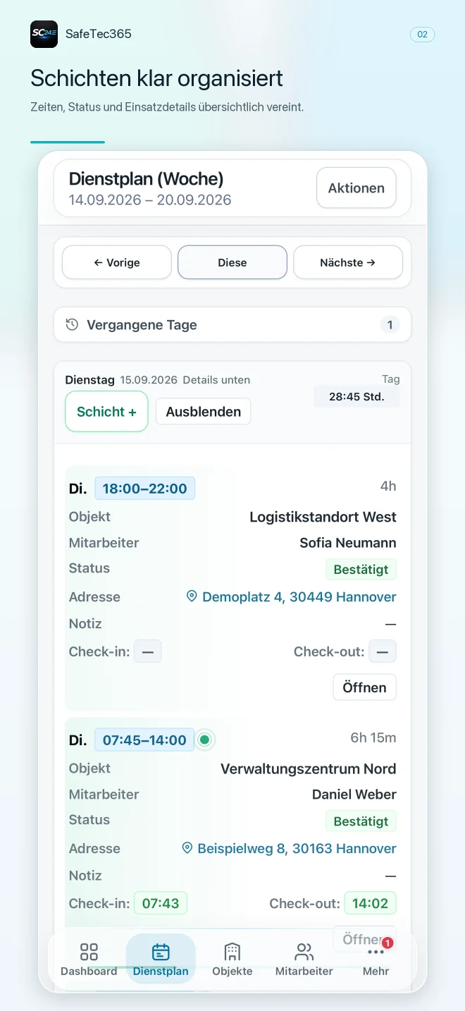 Aktueller mobiler Dienstplan der SafeTec365 App